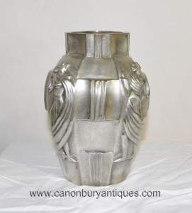 Art déco français Argent Bronze Urne Vase Lady Figurine