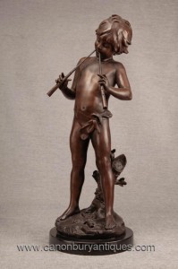 Bronze Pan Piper Boy Cherub Statue Signée Moreau Français