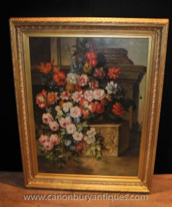 Grand victorienne anglaise Art Floral Still Life Oil Painting