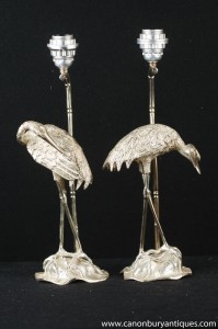 Paire Art Nouveau français Argent Plate Heron oiseaux lampes de table Lumières