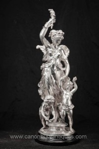Français Argent Bronze Maiden Cherub Statue Figurine Art Classique