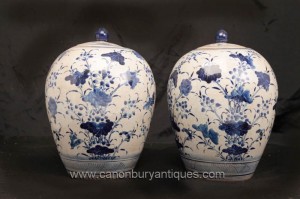 Paire Bleu et Blanc chinoise Ming en porcelaine à couvercle Urnes Vases