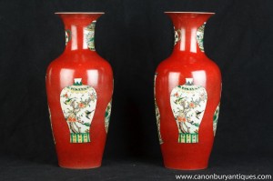 Paire céramique chinoise Ming Vases Urnes Imperial Red Poterie