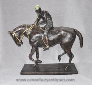 Big français Bronze Horse and Jockey Statue par Mene