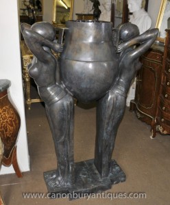 Grand Art Deco Bronze Biba Figurine Jardinere Planteur Statue