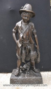 Grand français Castings Bronze phesant Hare Hunter Boy StatueGrand français Castings Bronze phesant Hare Hunter Boy Statue