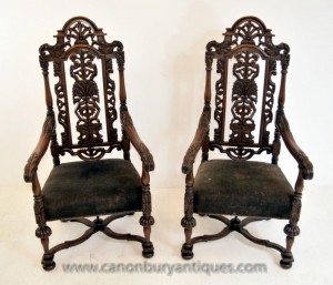 Fauteuils à Sculpté Paire Antique Oak jacobin main