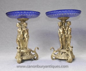 Paire Empire français Ormolu Maiden soupières verre bleu vaisselle Plaques