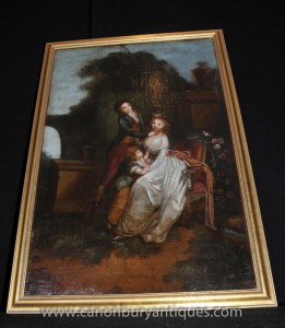 Anglais Antique Peinture à l'huile Portrait de famille géorgienne du 18ème siècle