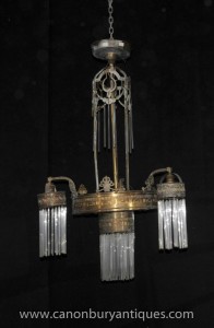 Antique Art Nouveau français Lustre Lanterne Cuivres 1930 verre