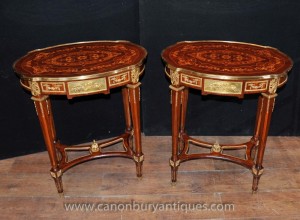 Paire Empire français ovales Tables d'appoint Marqueterie Inlay