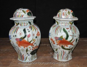 Paire chinoise Ming Lidded Pots Pot de gingembre Urnes Goldfish