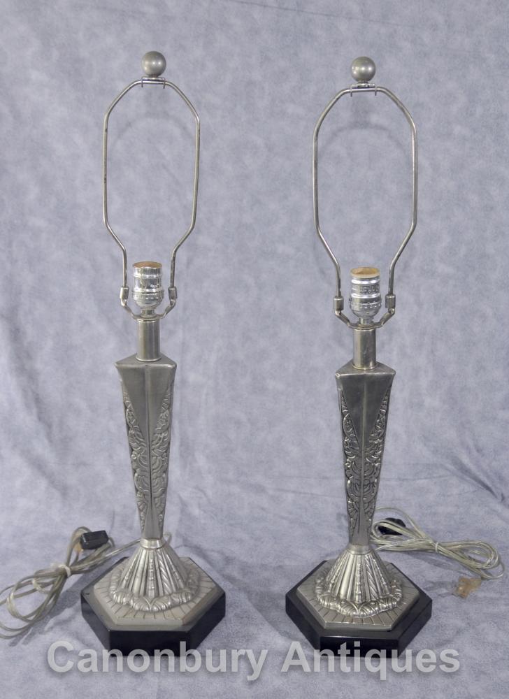 Paire Art Français Deco Table Lampes Argent Bronze