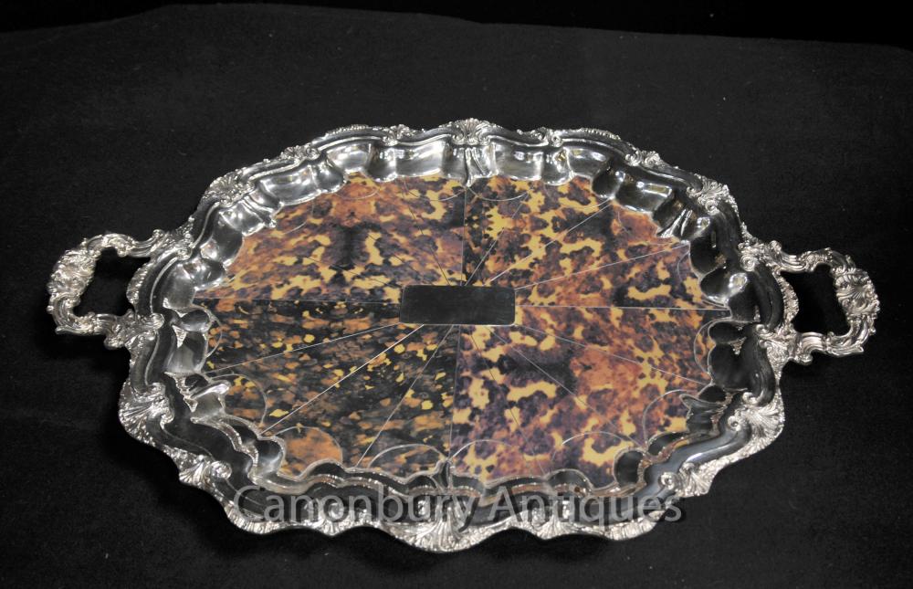 Silver Plate victorienne Butlers Tray Platter Faux écaille rococo