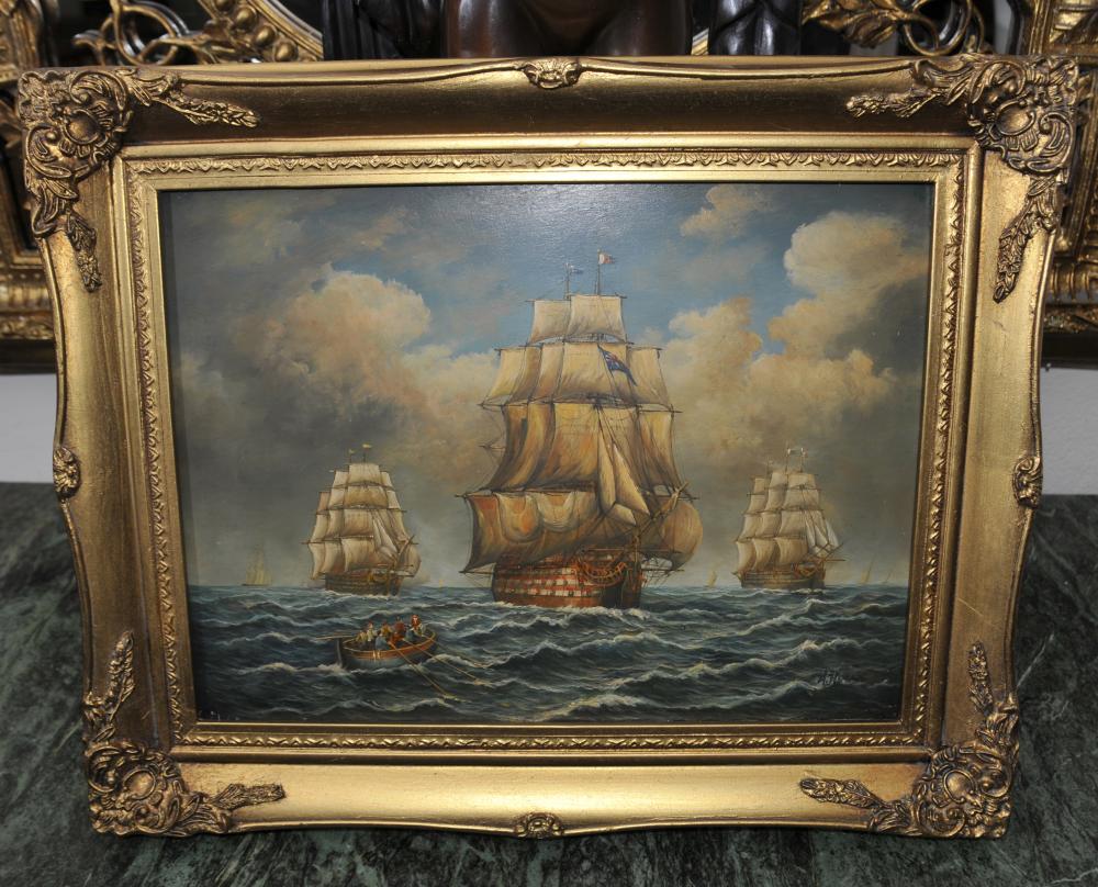 Anglais Peinture à l'huile victorienne Armada Galleon navire Seascape Signé