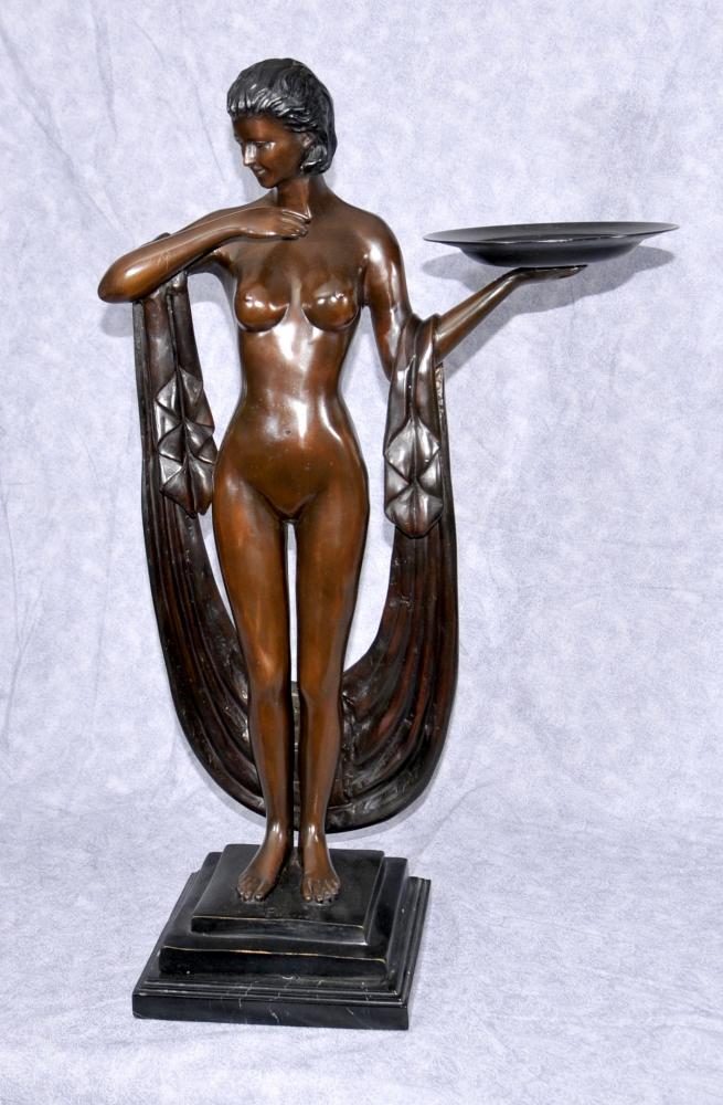 Art Deco Bronze Figurine Biba semi Femme nue Plateau Statue