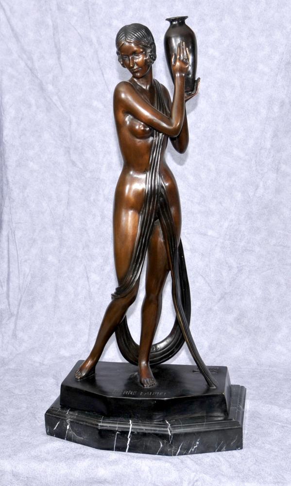 Art déco français Bronze Figurine semi Nu Signé Pierre Laurel Statue