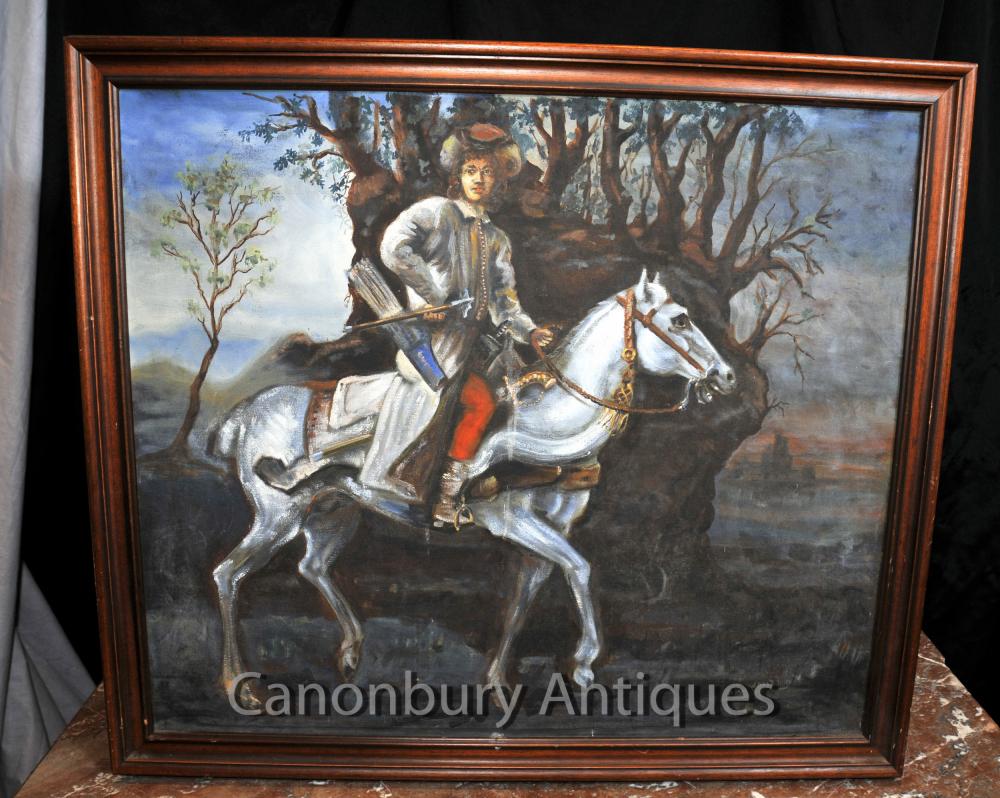 Huile antique peinture anglaise Archer Cavalier à cheval d'art 1920