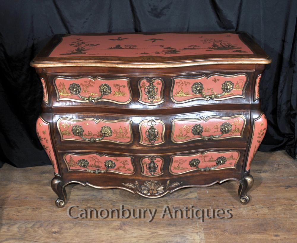 Laque rouge antique chinoise Bombe Commode Chinoiserie Chest Tiroirs 1910