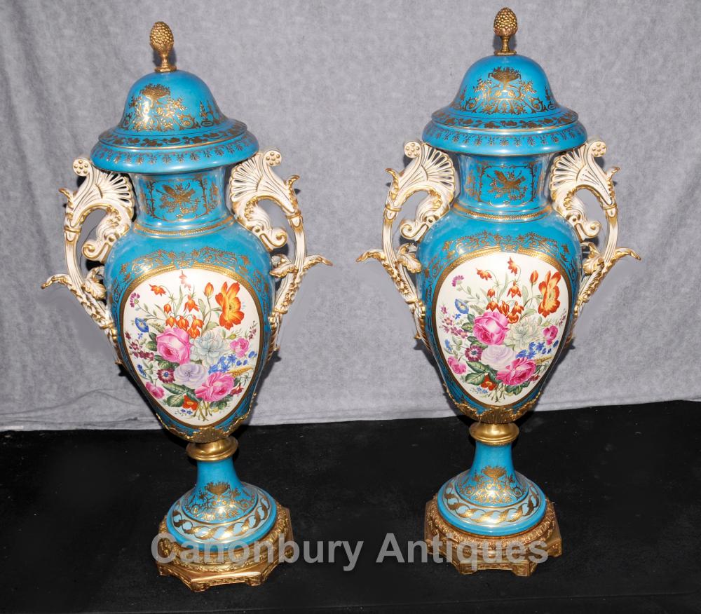 Paire XL porcelaine de Dresde Floral Urnes Vases Cyan Bleu