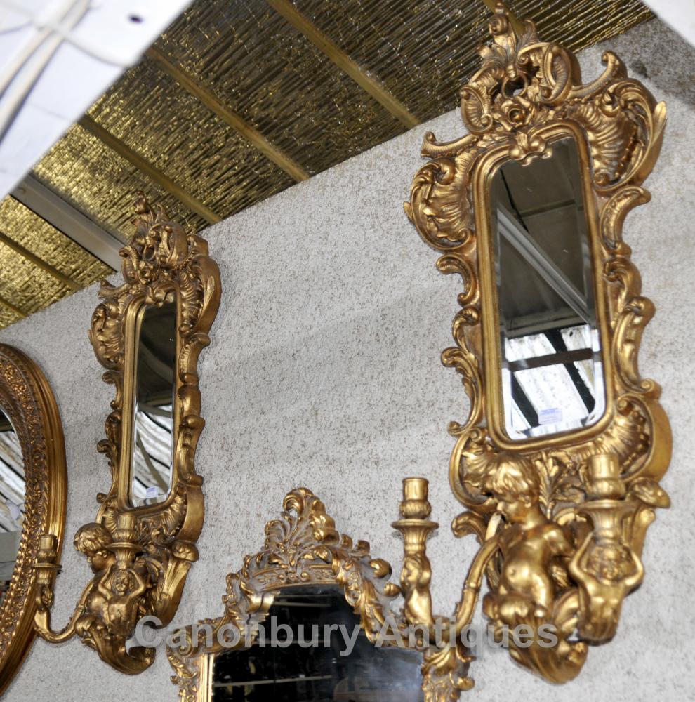 Paire française Chérubin Gilt Girandole Miroirs Bras de Louis XVI Candélabres