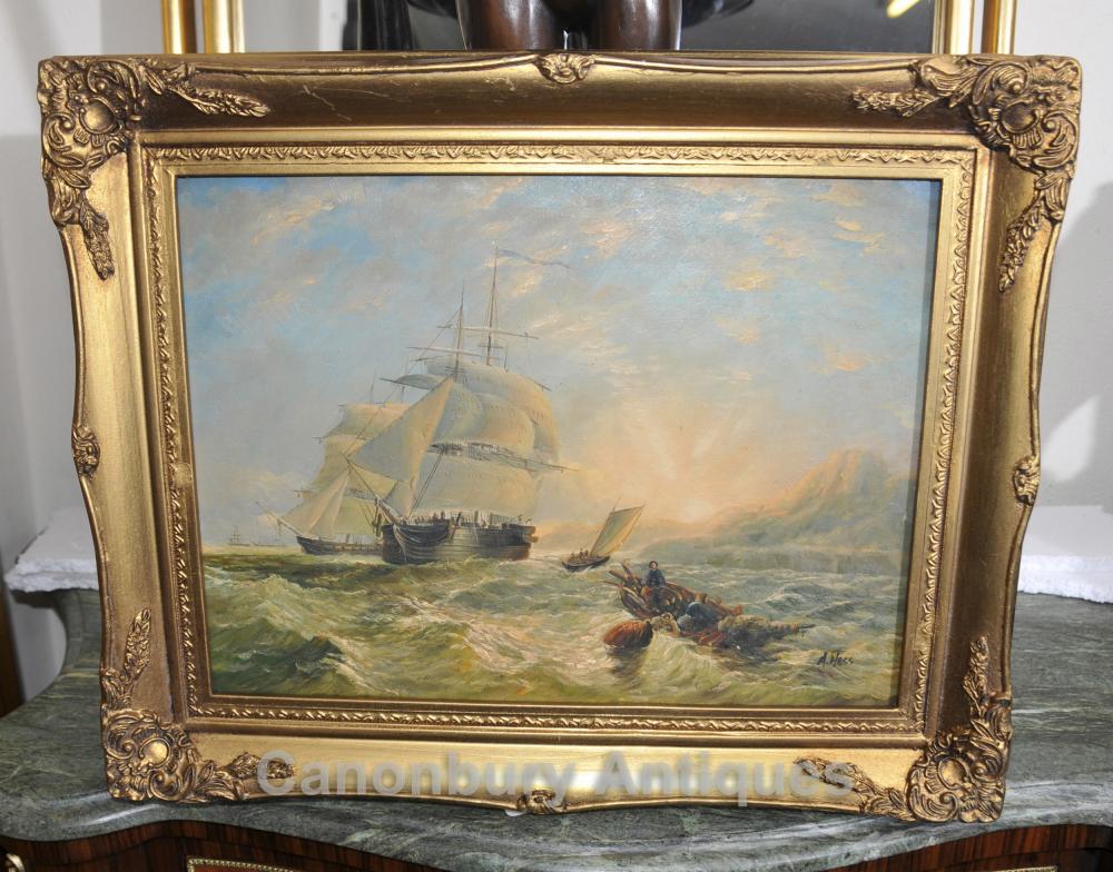 Peinture à l'huile victorienne Cornish Seascape Chargement navire Turneresque impressionniste