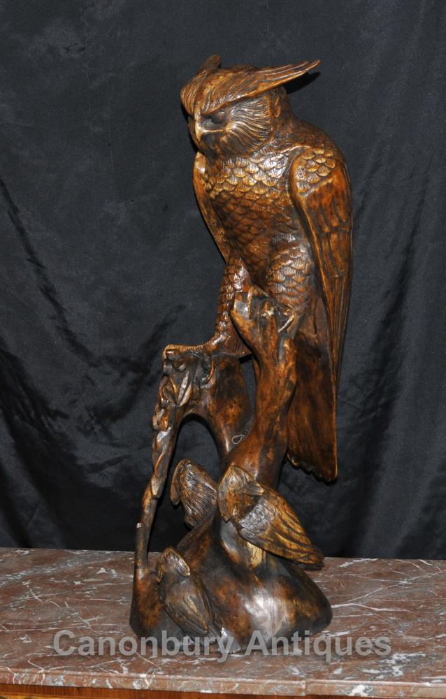 3 ft Sculpté à la main Chouette épervière Forêt Noire Statue Oiseaux Prey Aigle