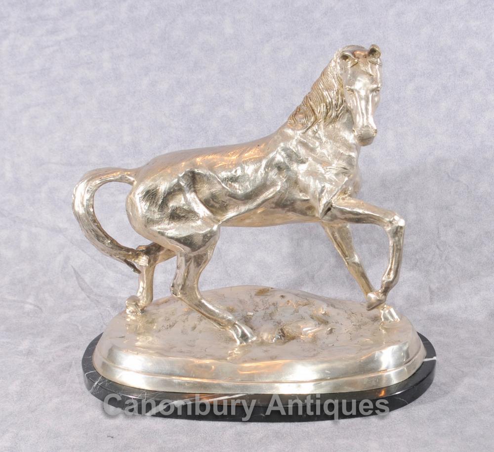 Français Bronze Argent Plaqué Cheval Statue par Mene