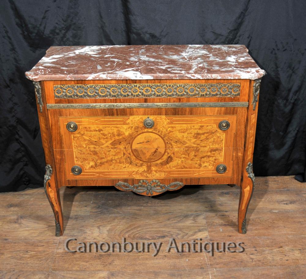 Français Napoléon II Antique Chest Tiroirs Commode Marqueterie Inlay