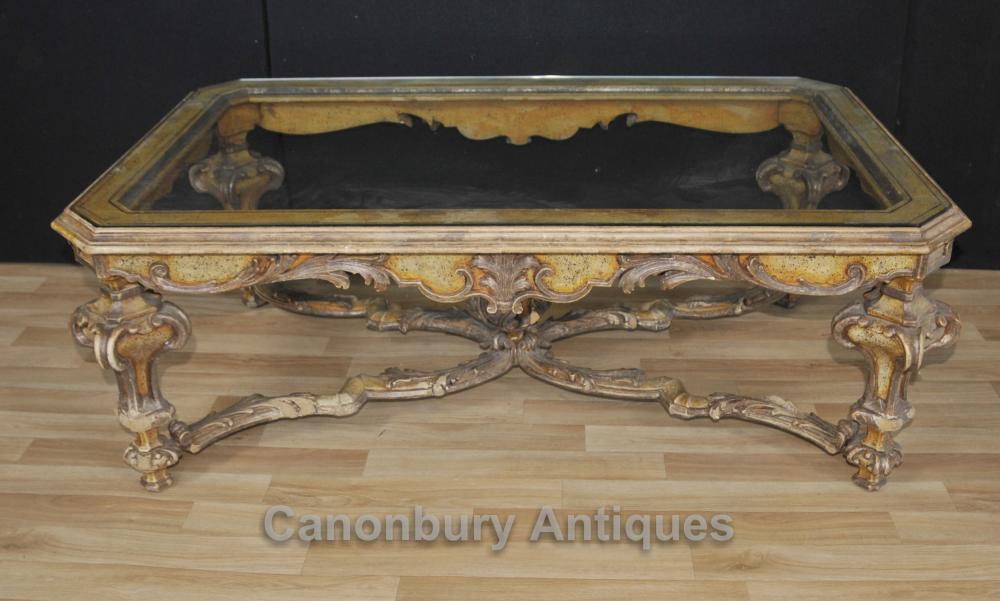 Italienne Painted café baroque Table avec plateau en verre Tables