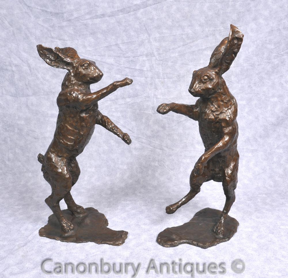 Paire Bronze Danse Statues Hare Hare English Lapin