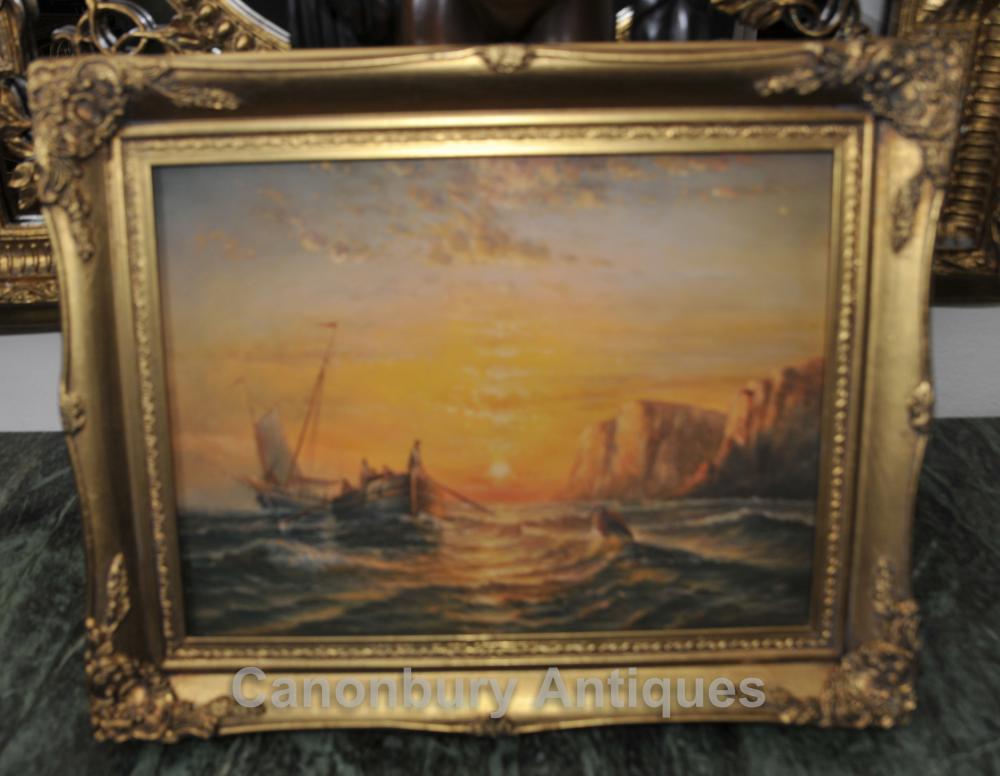 Peinture Cornish Seascape Oil Turneresque Sail Boat Contrebande Impressionniste
