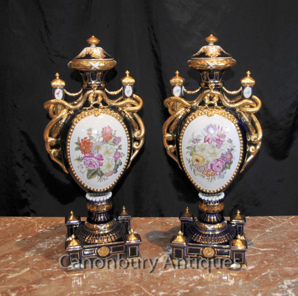 Paire porcelaine de Sèvres Floral Amphora Urnes Vases Serpent Poignées
