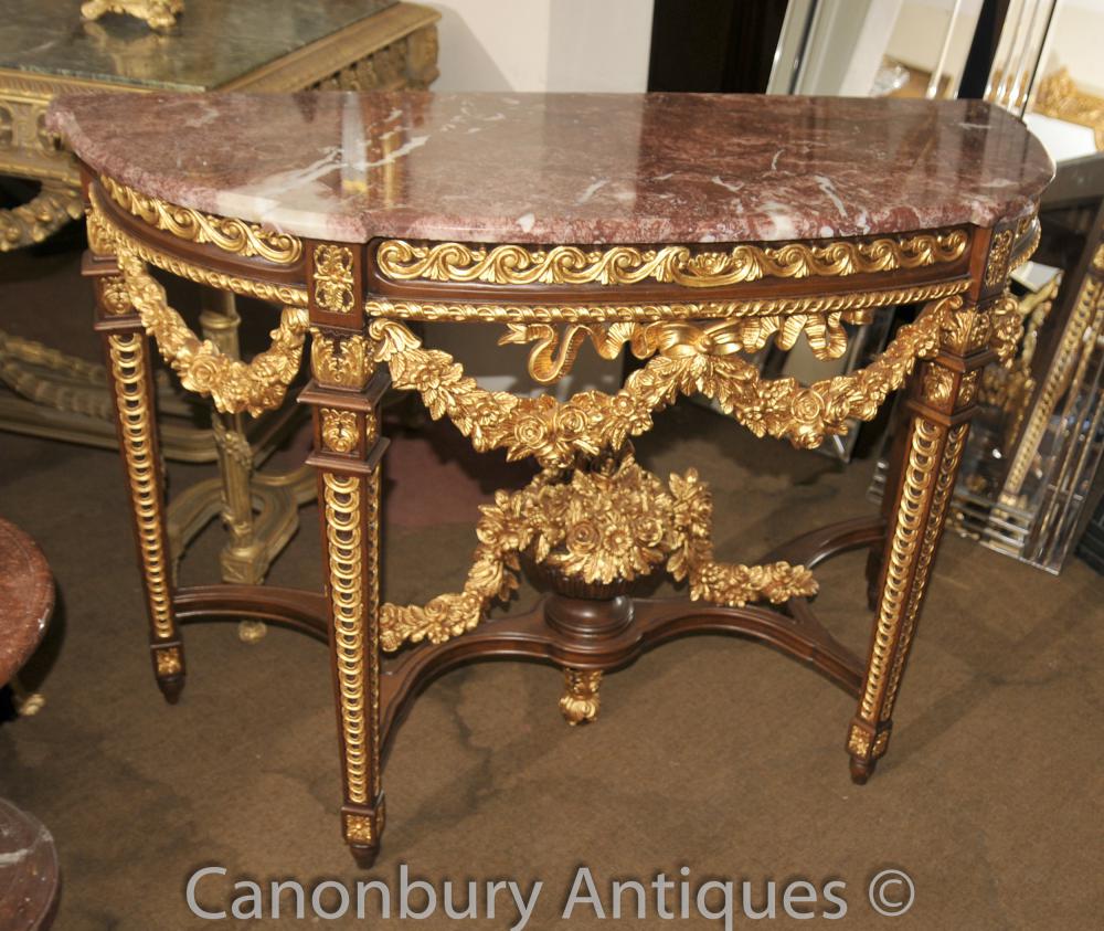 Français Louis XVI Gilt Demilune Console Table Marble Top