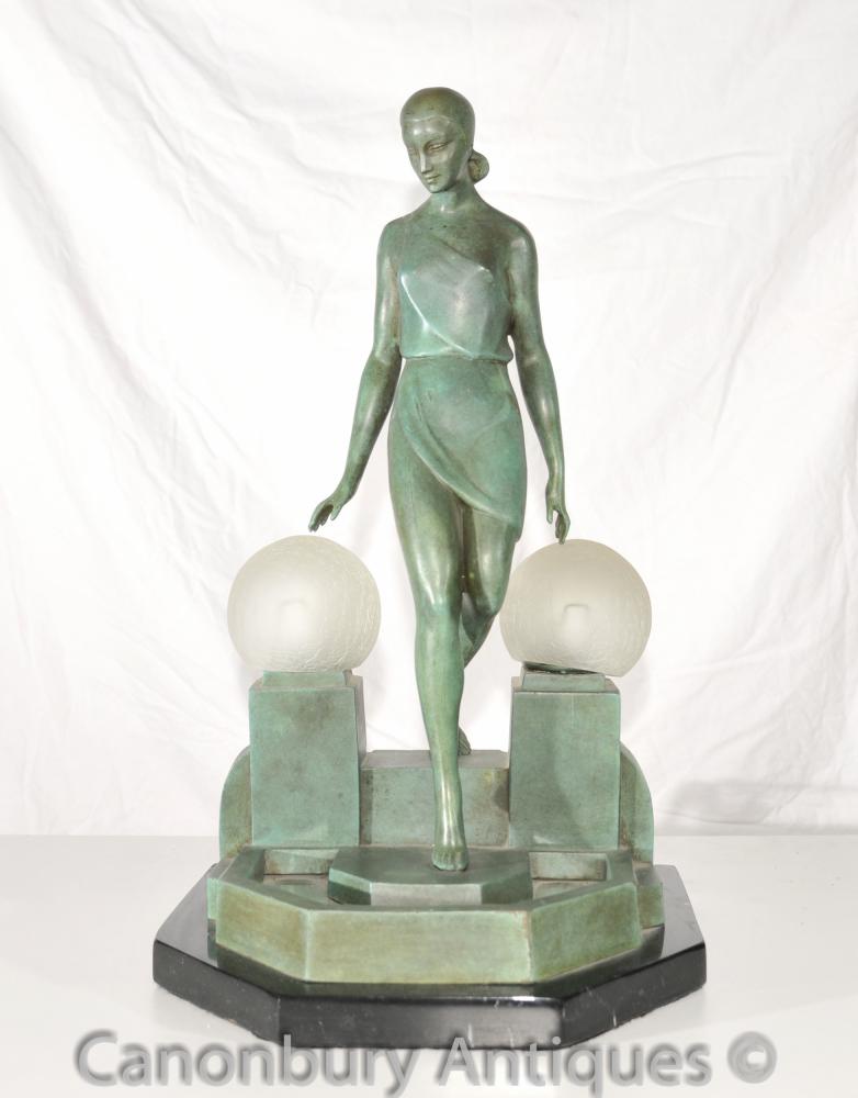 Original Art Deco Bronze Figurine Lampe Signée Fayral Antique Statue