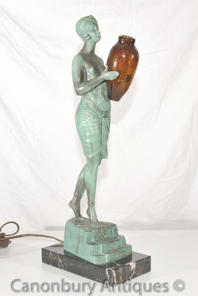 Original Art Deco Bronze Lamp Signé Faguays français Le Verrier Antique