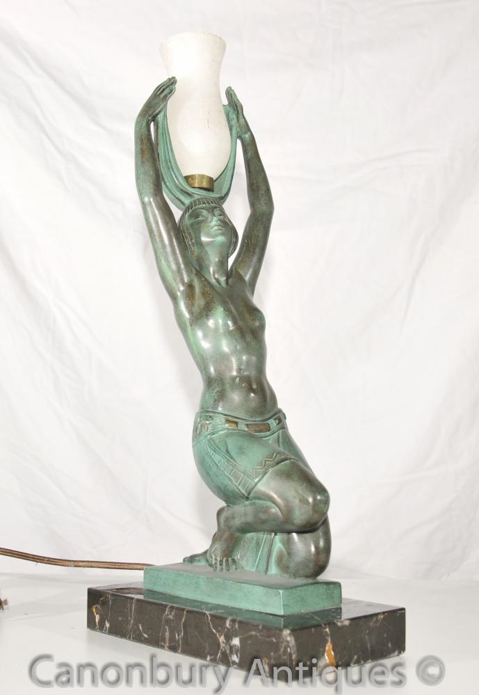 Original Art Français Deco Bronze Figurine Table Lamp Signé Fayral Le Verrier