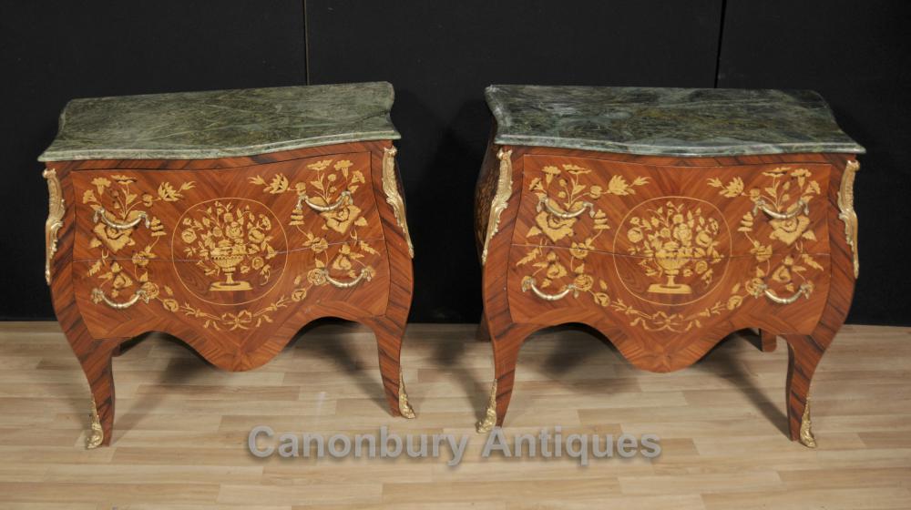 Paire Empire Bombe Commodes Commodes Tiroirs Marqueterie Inlay Français