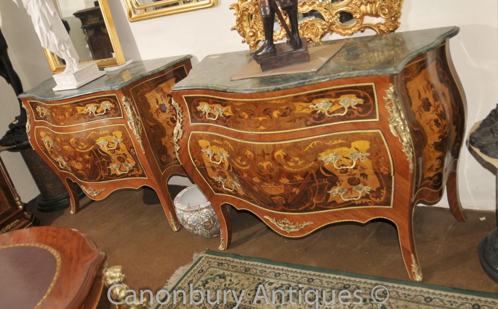 Paire Louis XV Bombe Commode Commodes Marqueterie Inlay