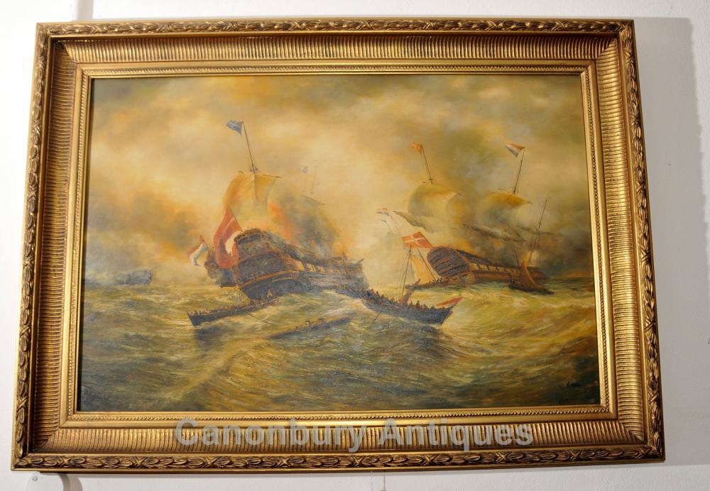 Peinture anglaise Huile Bataille Trafalgar Maritime Art bateau de la Marine