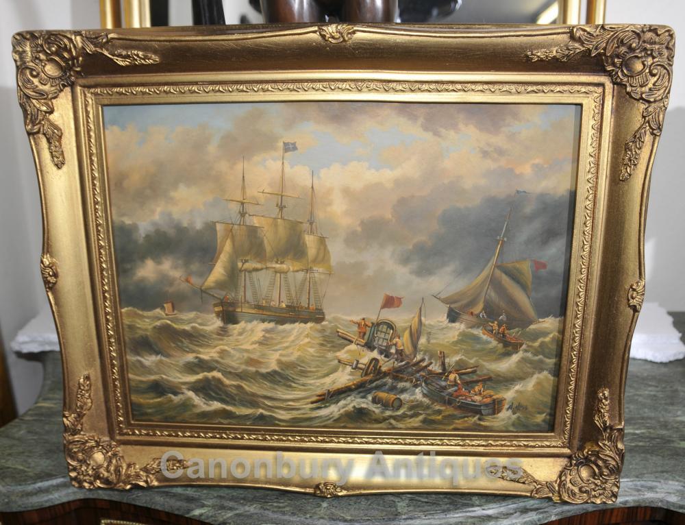 Peinture à l'huile victorienne Maritime Seascape grecque Rescue Mission Art