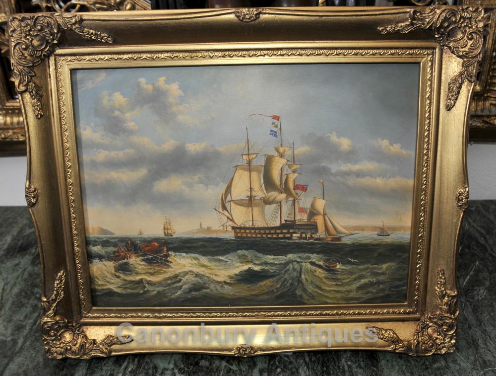 Peinture à l'huile victorienne Seascape Galleon Maritime Art Portsmouth