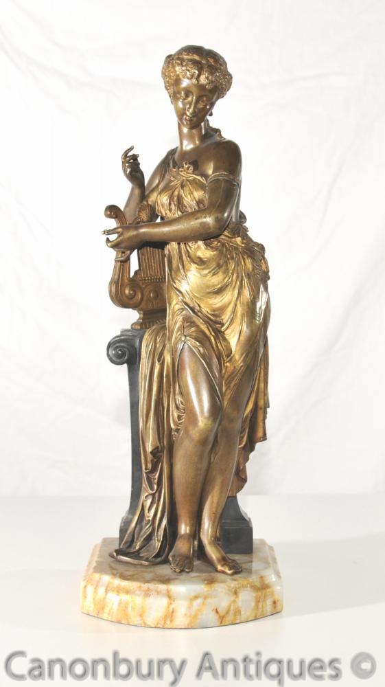 1890. Art Antique Nouveau Bronze Lyre Maiden Statue