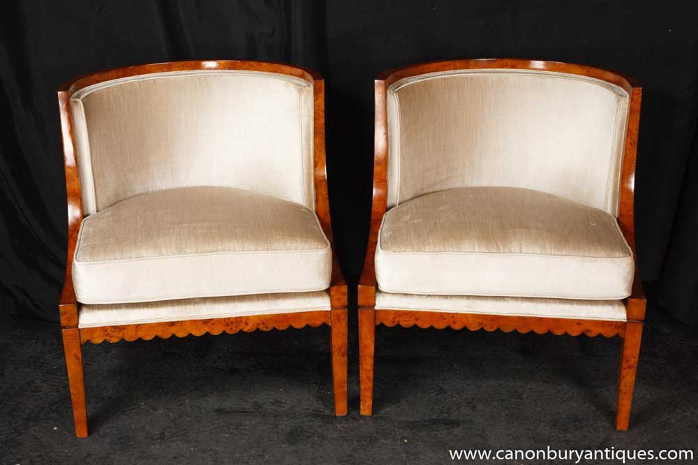 Pair Deco Biedermeier Chairs Bergere Walnut