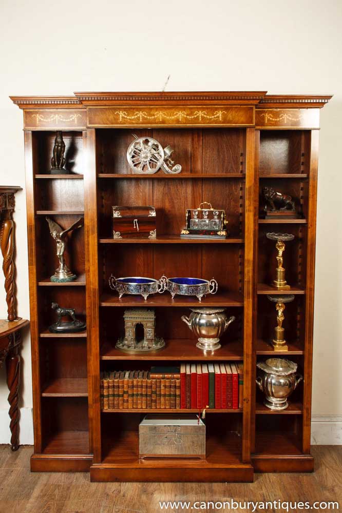 Walnut Regency Breakfront Bookcase Open Sheraton Inlay-1406973050-product-15