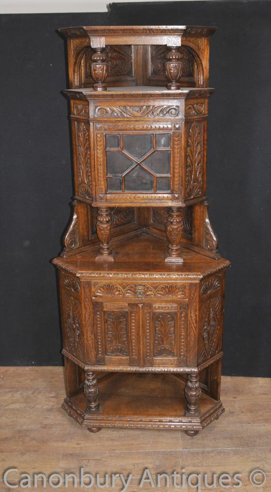 English Antique Carved 1890. Oak jacobin Coin Cabinet