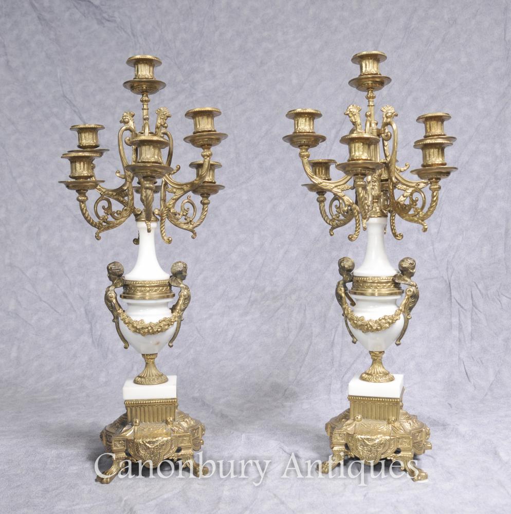 Paire Empire français Marbre Ormolu Candélabres Cherub Bougies