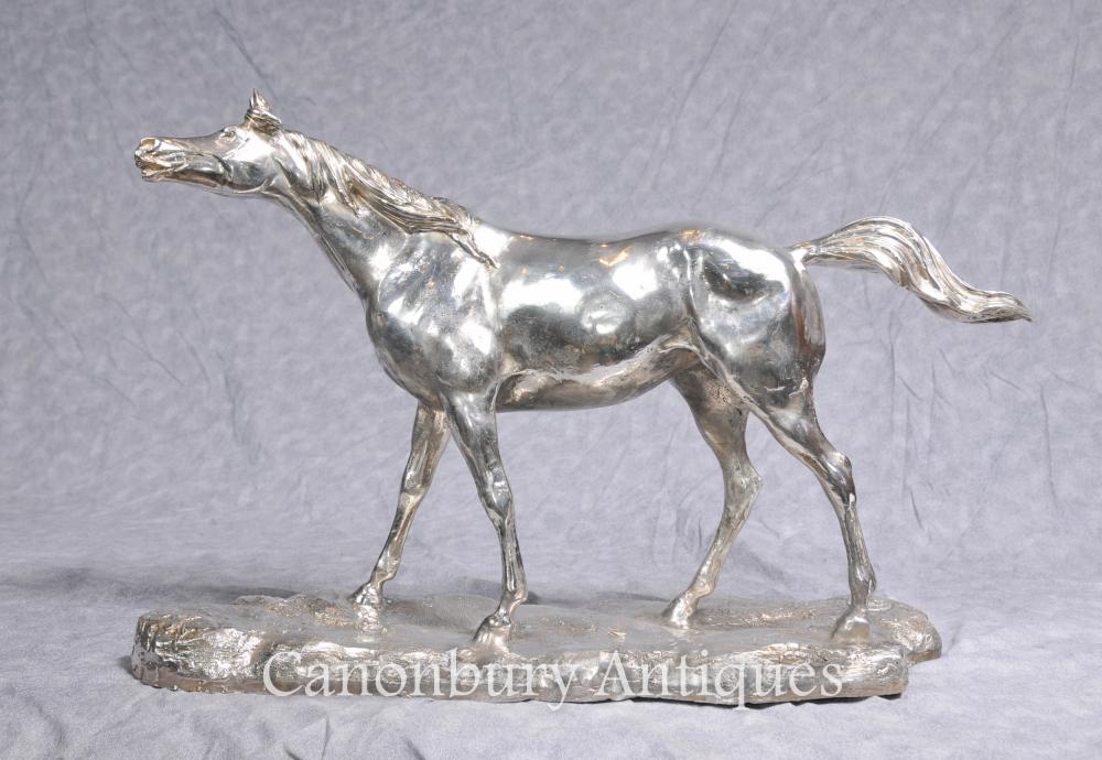 Plaqué Argent Bronze Horse par PJ Mene Statue Sculpture française