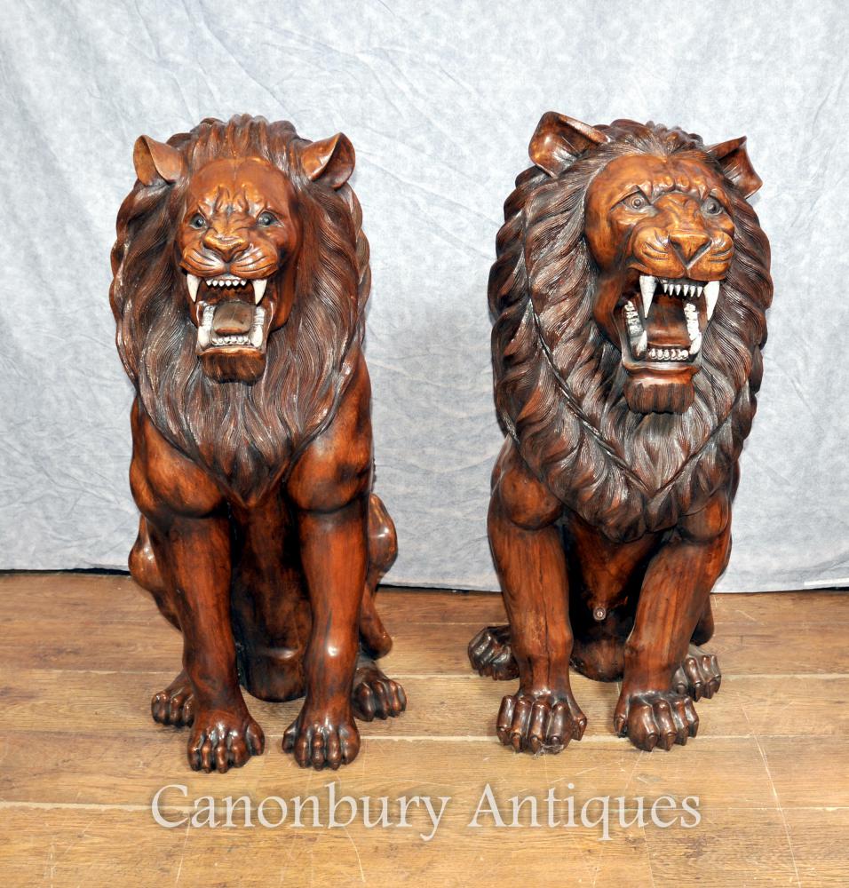 Sculpté Paire Lifesize Main bois africains Lion Gatekeepers Statues Landseer