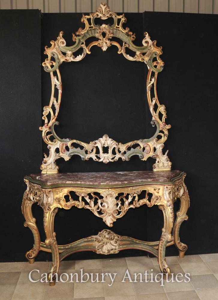 Rococo Italian Painted Gilt Console et miroir Set